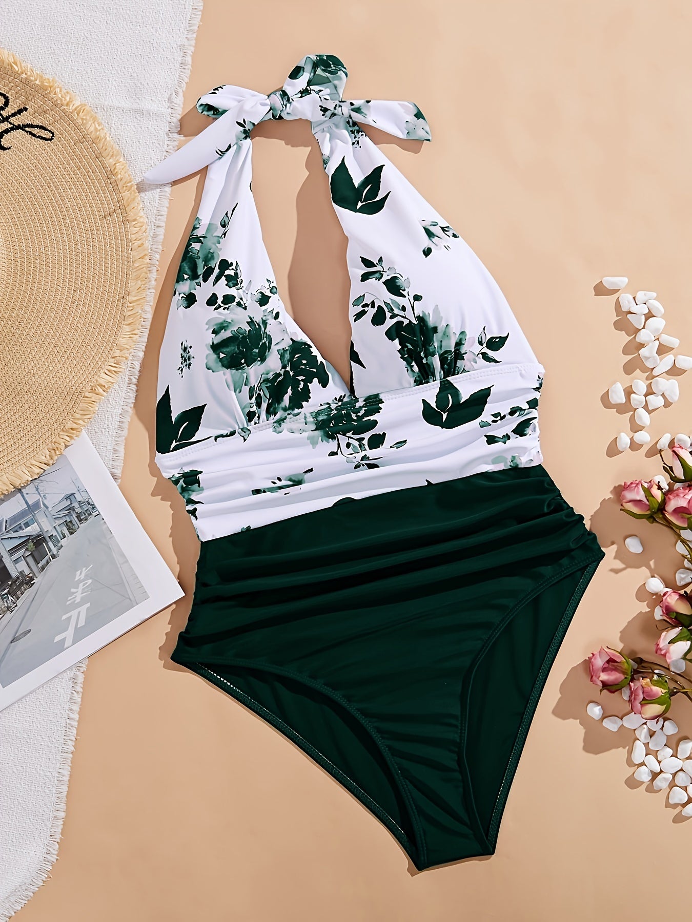 Women’s Deep V Floral One-Piece Swimsuit – Neck Tie, Vacation Style