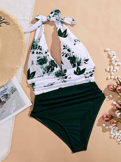 Women’s Deep V Floral One-Piece Swimsuit – Neck Tie, Vacation Style