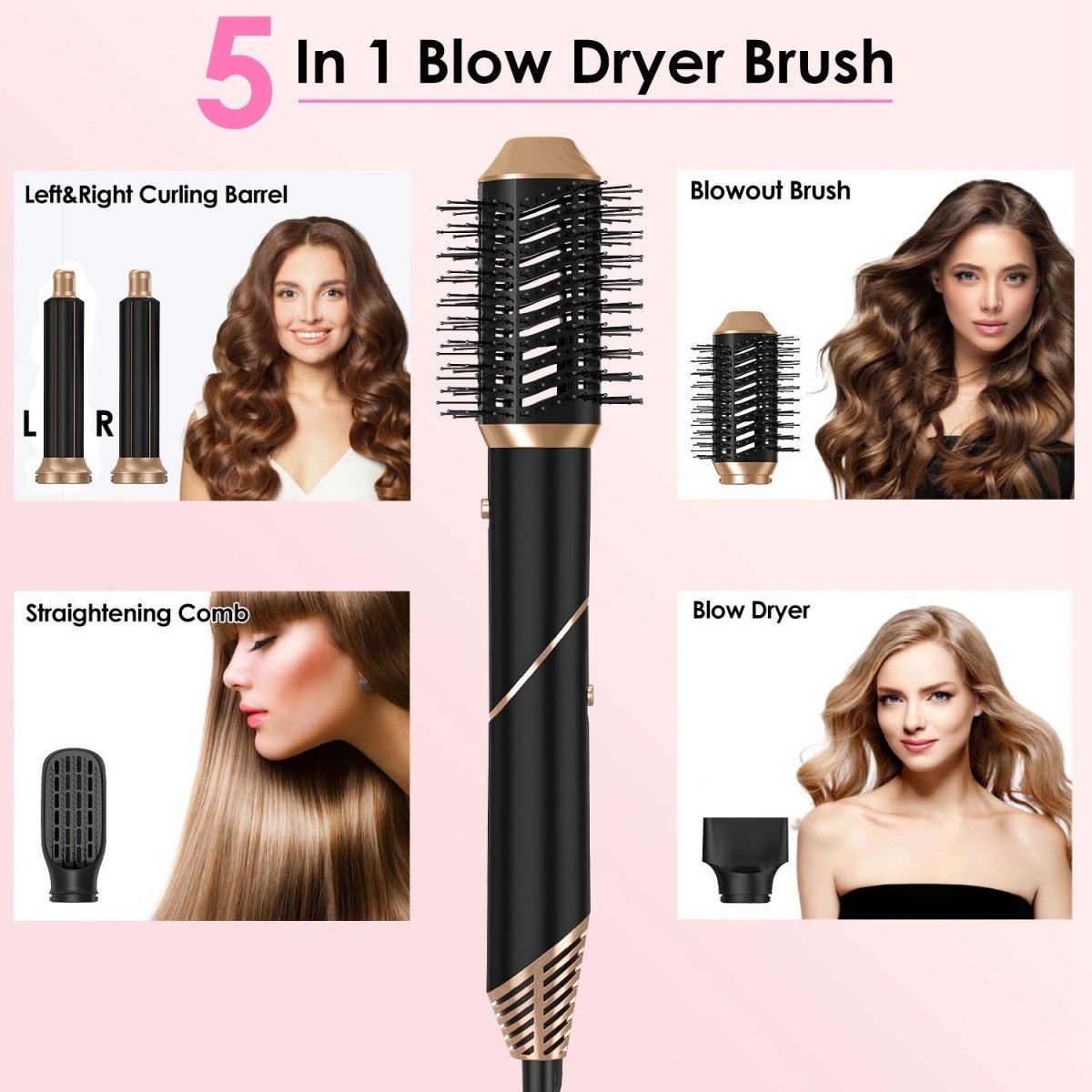 1Pc 5 In 1 Hot Air Styler Straightener Curler Dryer Automatic Wrap Styler Hair Dryer Brush Set With 3 Temp Settings ALCI Plug Glove Cable Tie 2 Alligator Hair Clips - NeraVault
