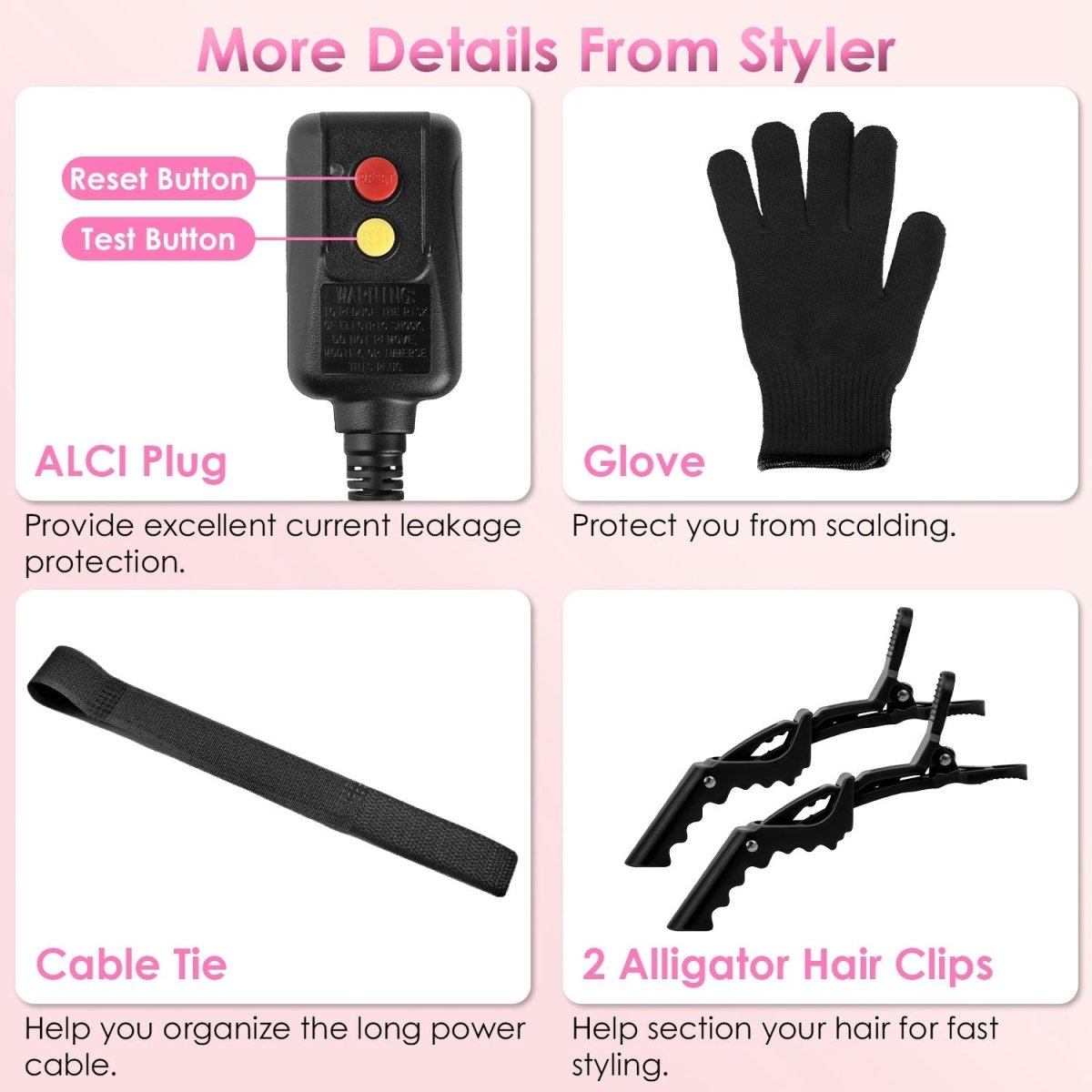 1Pc 5 In 1 Hot Air Styler Straightener Curler Dryer Automatic Wrap Styler Hair Dryer Brush Set With 3 Temp Settings ALCI Plug Glove Cable Tie 2 Alligator Hair Clips - NeraVault