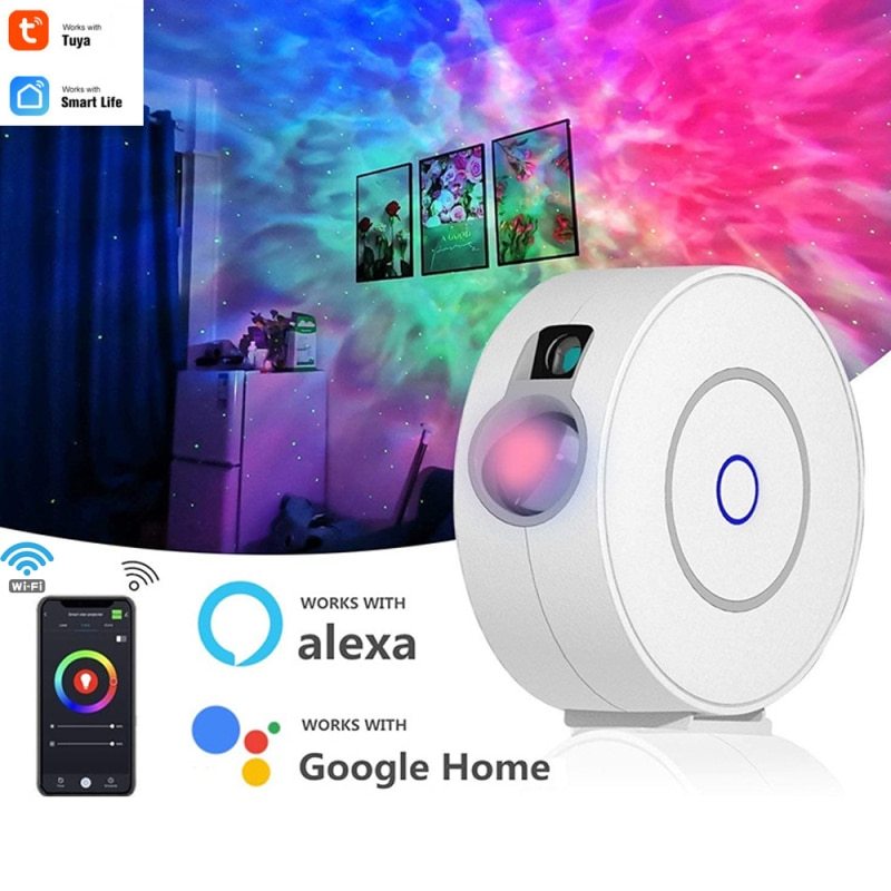Sky Projector Lamp displaying vibrant colors on wall with smart features like Alexa and Google Home.