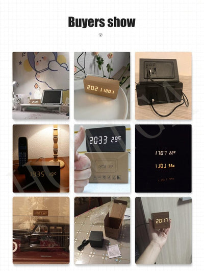 Alarm Clock LED Wooden Watch Digital Alarm Clock with Wooden Electronic LED Time Display 3 Alarm Settings Humidity & Temperature Detect Wood Made Electric Clocks Table Voice Control Digital Wood USB/AAA Powered Electronic Desktop Clocks - NeraVault