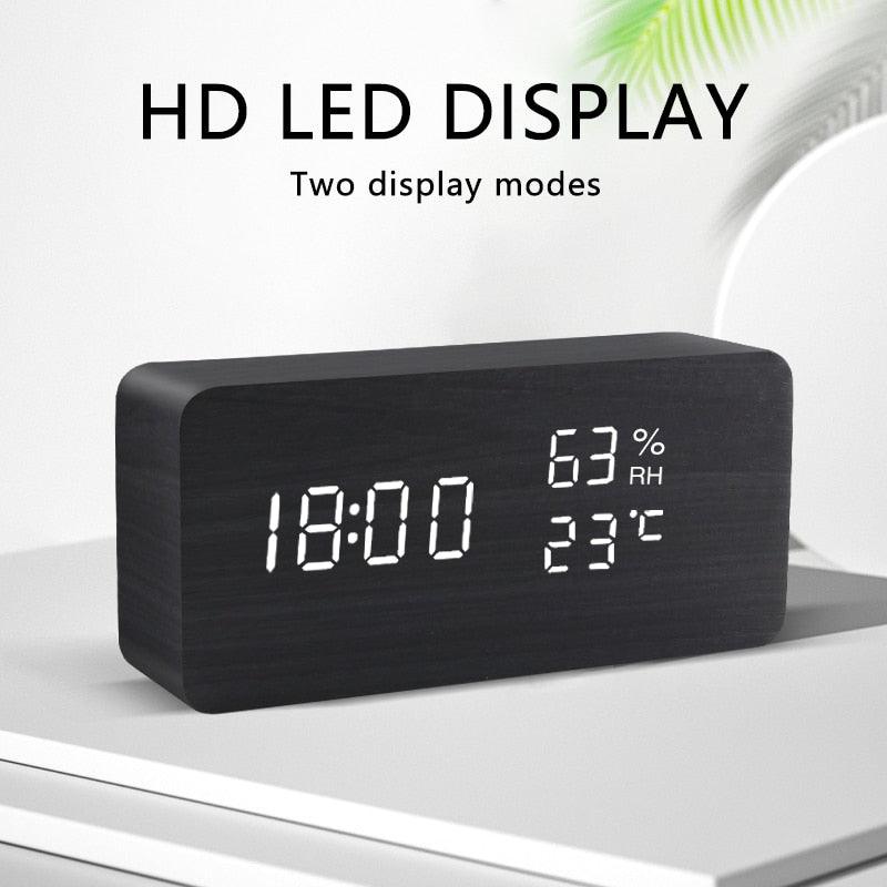 Alarm Clock LED Wooden Watch Digital Alarm Clock with Wooden Electronic LED Time Display 3 Alarm Settings Humidity & Temperature Detect Wood Made Electric Clocks Table Voice Control Digital Wood USB/AAA Powered Electronic Desktop Clocks - NeraVault