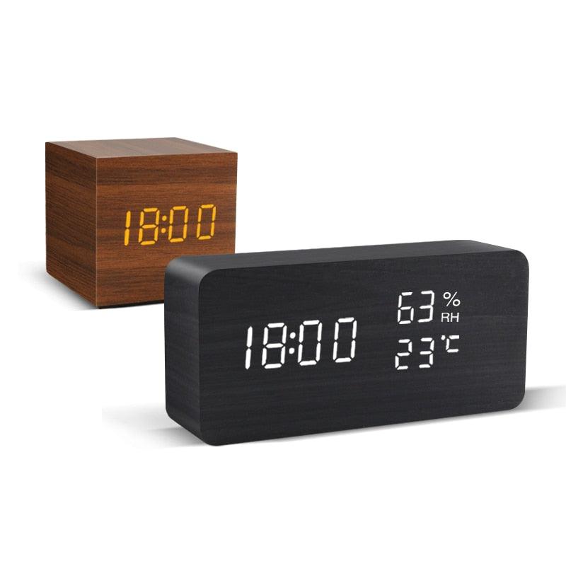 Alarm Clock LED Wooden Watch Digital Alarm Clock with Wooden Electronic LED Time Display 3 Alarm Settings Humidity & Temperature Detect Wood Made Electric Clocks Table Voice Control Digital Wood USB/AAA Powered Electronic Desktop Clocks - NeraVault