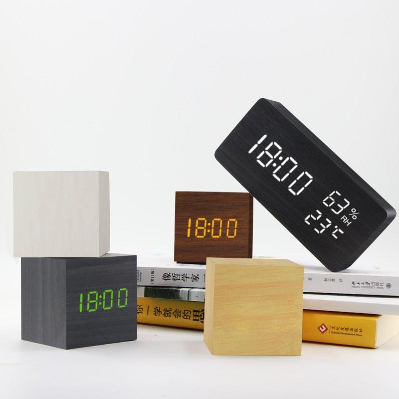 Alarm Clock LED Wooden Watch Digital Alarm Clock with Wooden Electronic LED Time Display 3 Alarm Settings Humidity & Temperature Detect Wood Made Electric Clocks Table Voice Control Digital Wood USB/AAA Powered Electronic Desktop Clocks - NeraVault