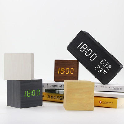 Alarm Clock LED Wooden Watch Digital Alarm Clock with Wooden Electronic LED Time Display 3 Alarm Settings Humidity & Temperature Detect Wood Made Electric Clocks Table Voice Control Digital Wood USB/AAA Powered Electronic Desktop Clocks - NeraVault