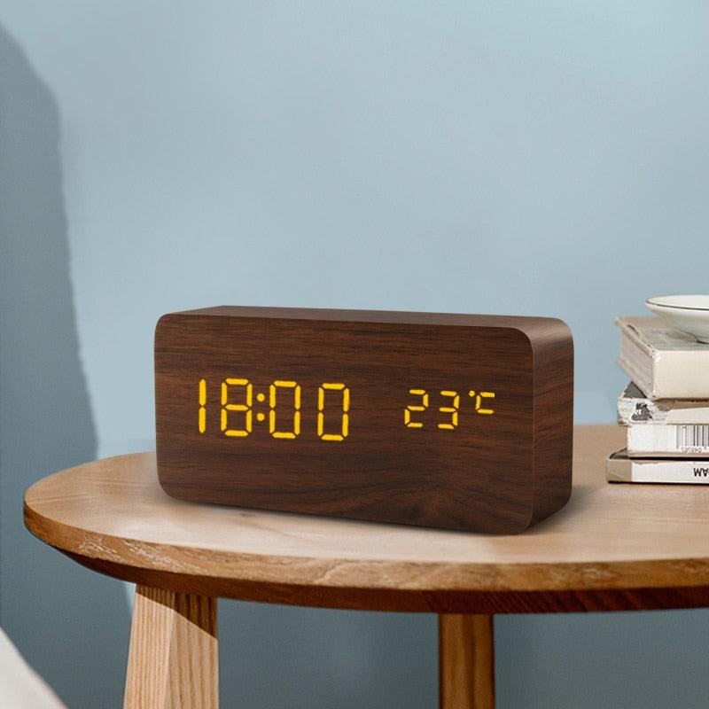 Alarm Clock LED Wooden Watch Digital Alarm Clock with Wooden Electronic LED Time Display 3 Alarm Settings Humidity & Temperature Detect Wood Made Electric Clocks Table Voice Control Digital Wood USB/AAA Powered Electronic Desktop Clocks - NeraVault
