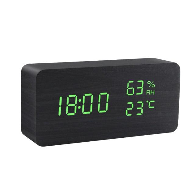 Alarm Clock LED Wooden Watch Digital Alarm Clock with Wooden Electronic LED Time Display 3 Alarm Settings Humidity & Temperature Detect Wood Made Electric Clocks Table Voice Control Digital Wood USB/AAA Powered Electronic Desktop Clocks - NeraVault