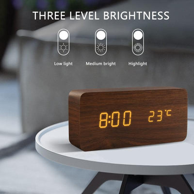 Alarm Clock LED Wooden Watch Digital Alarm Clock with Wooden Electronic LED Time Display 3 Alarm Settings Humidity & Temperature Detect Wood Made Electric Clocks Table Voice Control Digital Wood USB/AAA Powered Electronic Desktop Clocks - NeraVault