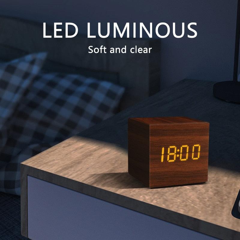 Alarm Clock LED Wooden Watch Digital Alarm Clock with Wooden Electronic LED Time Display 3 Alarm Settings Humidity & Temperature Detect Wood Made Electric Clocks Table Voice Control Digital Wood USB/AAA Powered Electronic Desktop Clocks - NeraVault