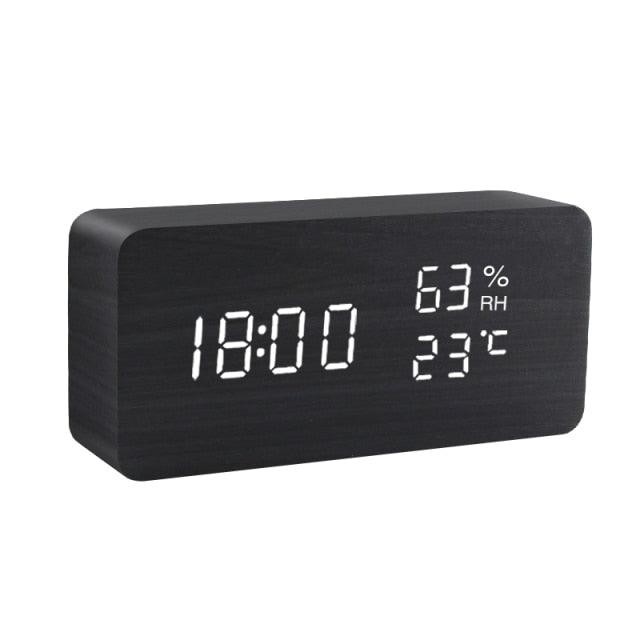 Alarm Clock LED Wooden Watch Digital Alarm Clock with Wooden Electronic LED Time Display 3 Alarm Settings Humidity & Temperature Detect Wood Made Electric Clocks Table Voice Control Digital Wood USB/AAA Powered Electronic Desktop Clocks - NeraVault