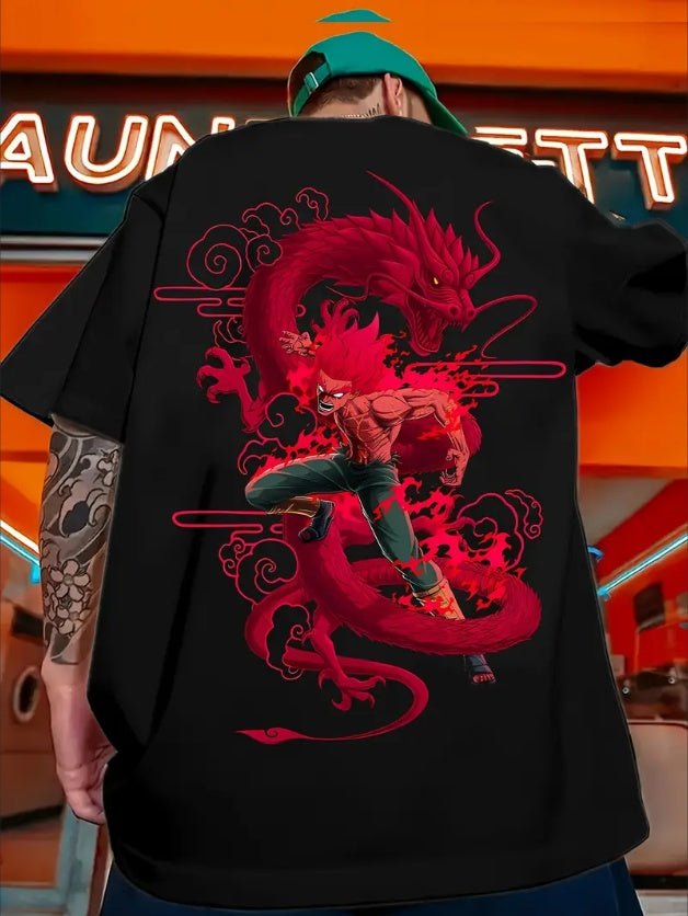 Anime - Inspired Dragon & Warrior Print T-Shirt For Men, Casual Crew Neck, Polyester Tee With Slight Stretch, Fashionable Short - Sleeve Sportswear Top - NeraVault