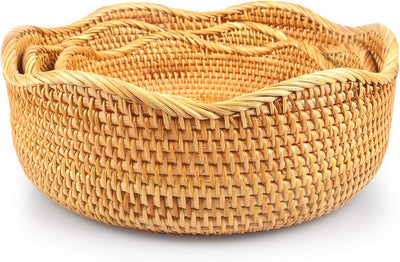 Handwoven Rattan Basket – Tall Round Wicker Storage Bowl for Fruit, Bread & Decorative Display | Eco-Friendly, Rustic Natural Organizer for Kitchen & Home Decor