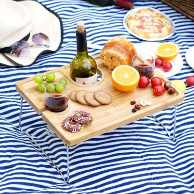 Folding Bamboo Wine Picnic Table with Bottle Opener – Portable Cheese & Snack Tray with Wine Glass Holders