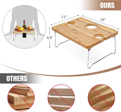 Folding Bamboo Wine Picnic Table with Bottle Opener – Portable Cheese & Snack Tray with Wine Glass Holders