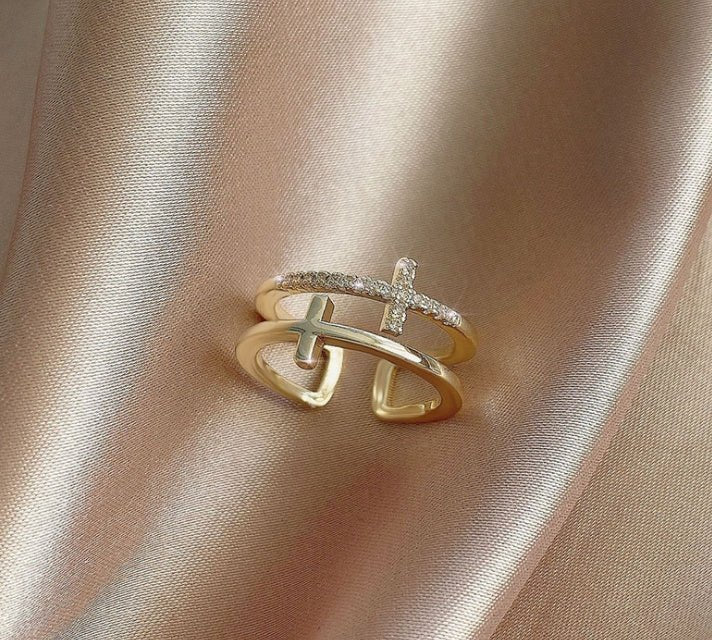 Double Cross Miniature Copper Inlaid Zircon Ring - NeraVault