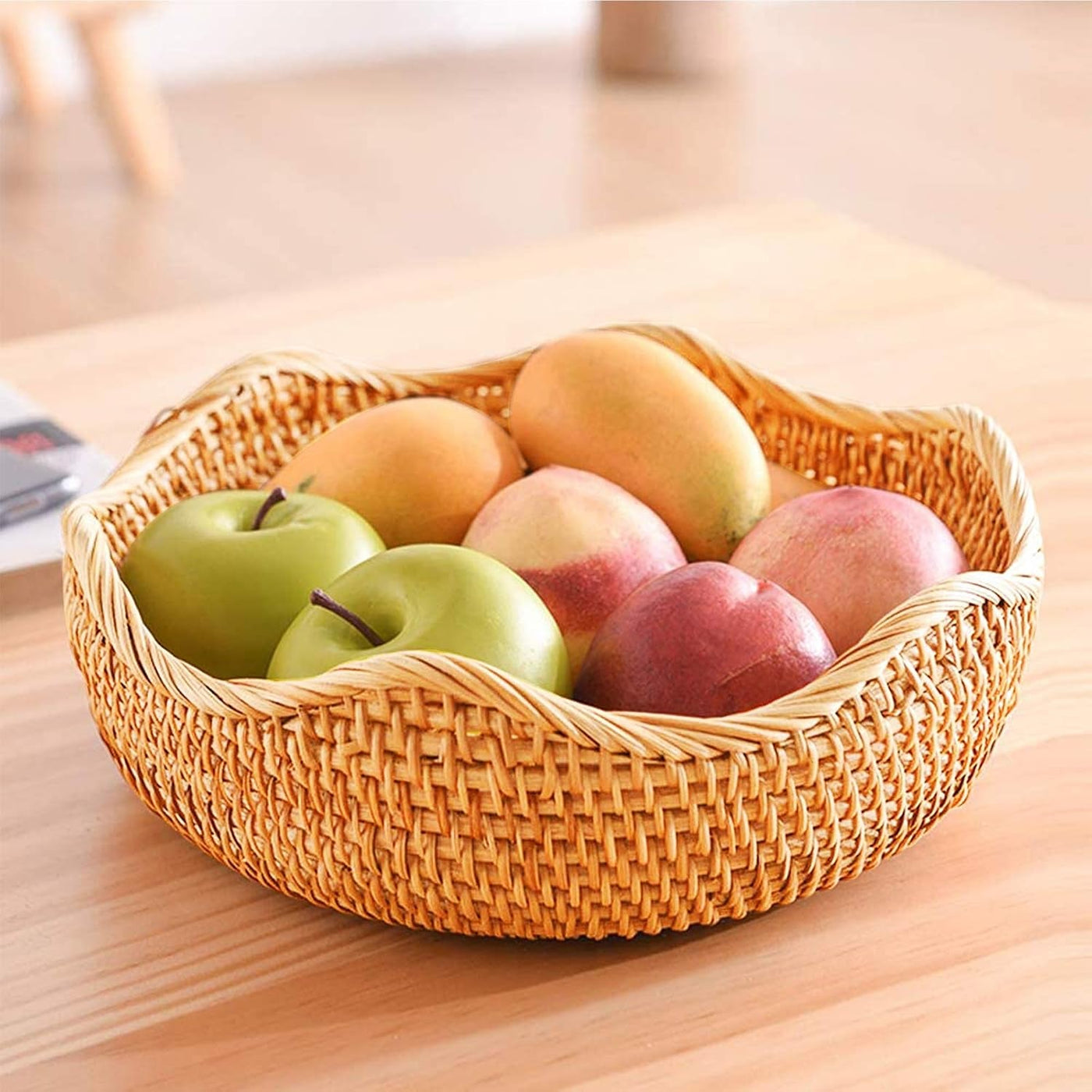 Handwoven Rattan Basket – Tall Round Wicker Storage Bowl for Fruit, Bread & Decorative Display | Eco-Friendly, Rustic Natural Organizer for Kitchen & Home Decor
