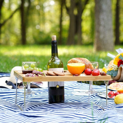 Folding Bamboo Wine Picnic Table with Bottle Opener – Portable Cheese & Snack Tray with Wine Glass Holders