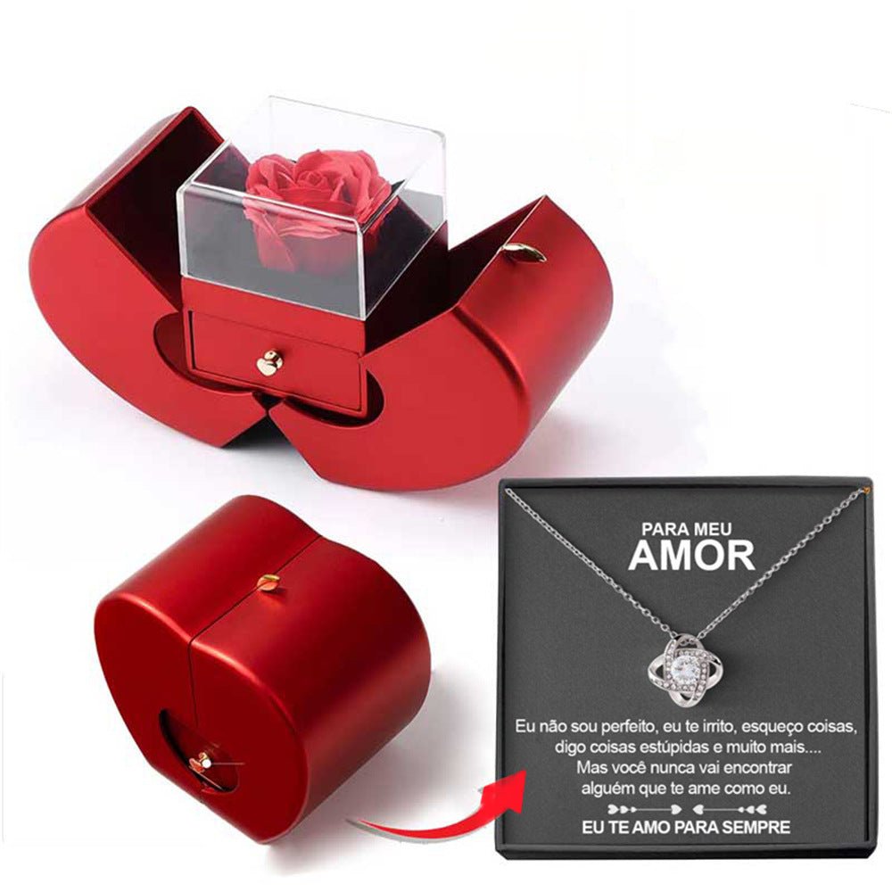 Fashion Jewelry Box Red Apple Christmas Gift Necklace Eternal Rose For Girl Mother's Day Valentine's Day Gifts With Artificial Flower Rose Flower Jewelry Box - NeraVault