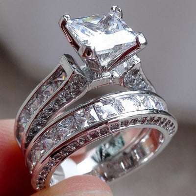 New Style Charm Couple Rings His Her Silver Color Princess Cut CZ Anniversary Promise Wedding Engagement Ring Sets - NeraVault