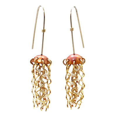 Mini Red Copper Jellyfish Earrings with White Pearls and Sterling Silver Earwires